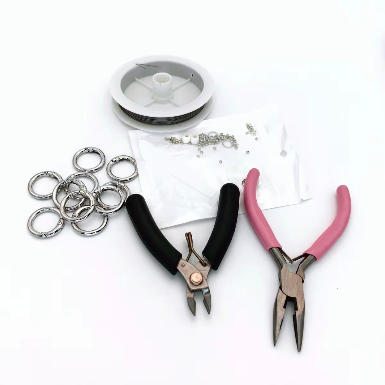 【ビーズ必ず購入、単独購入不可】ビーズDIY工具セット(ペンチ + はさみ + ストッパービーズ約50個 + バネ10個 + ワイヤーロープ15m)